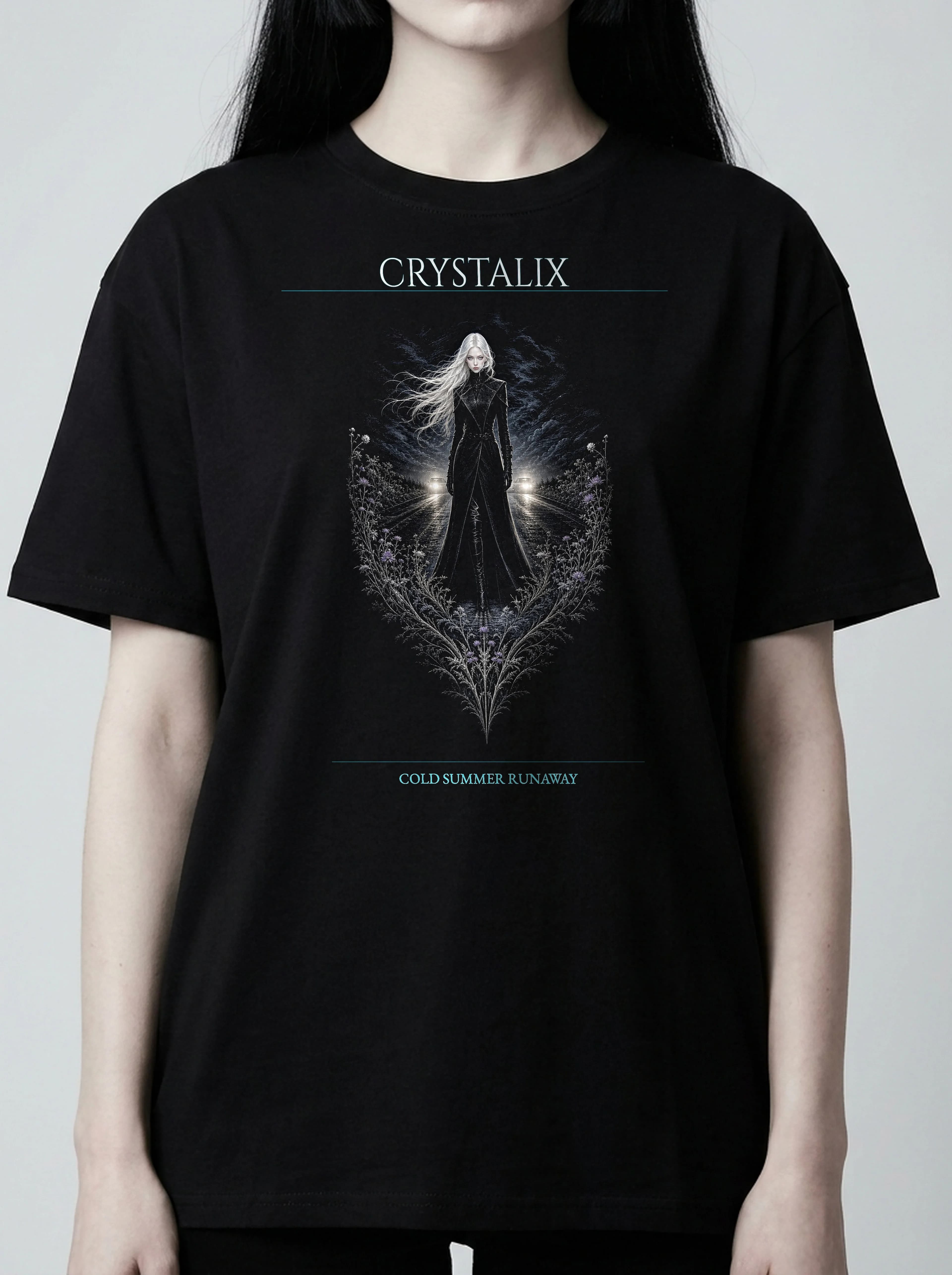 Crystalix T-Shirt: female model, chest detail