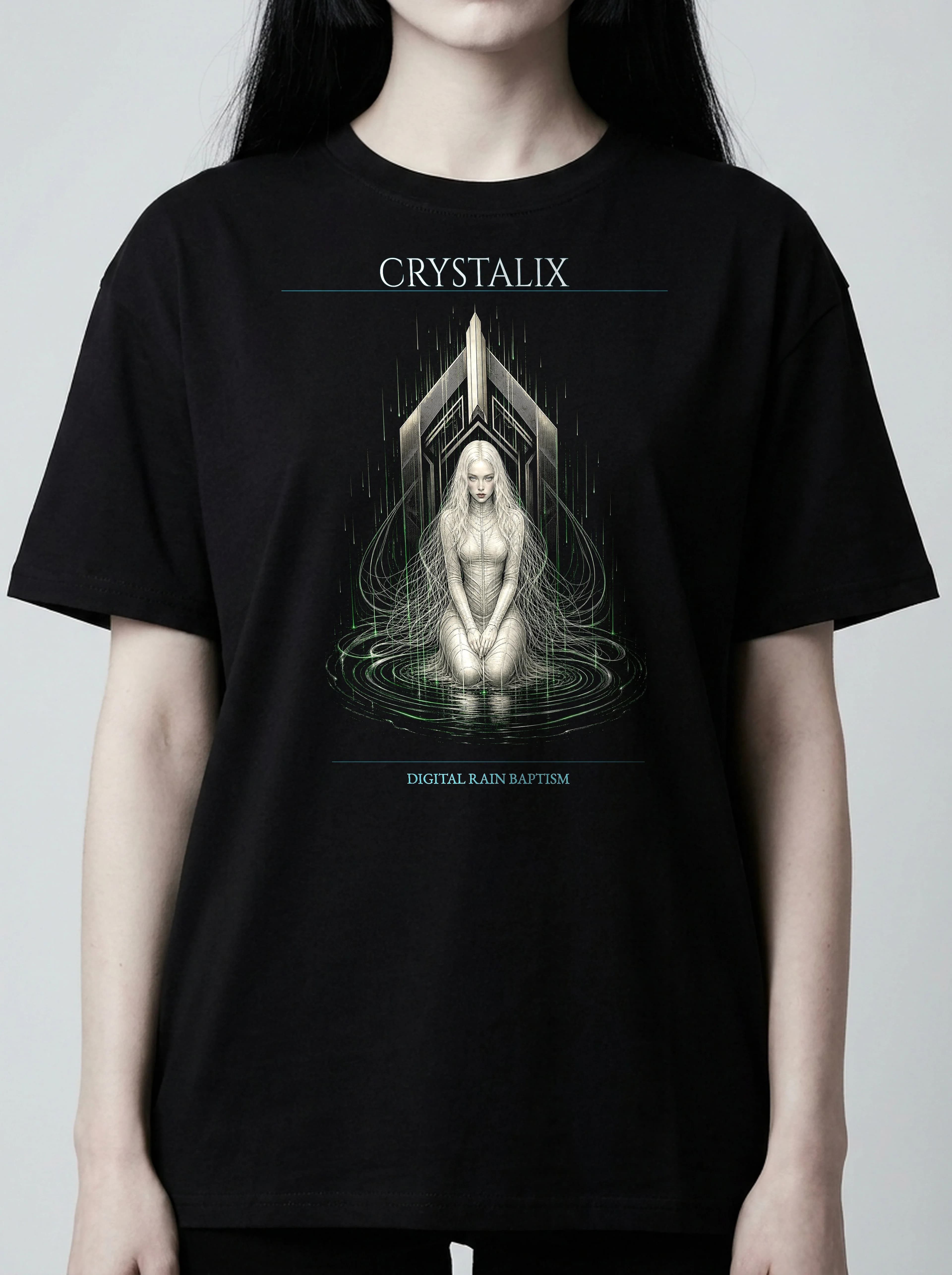 Crystalix T-Shirt: female model, chest detail