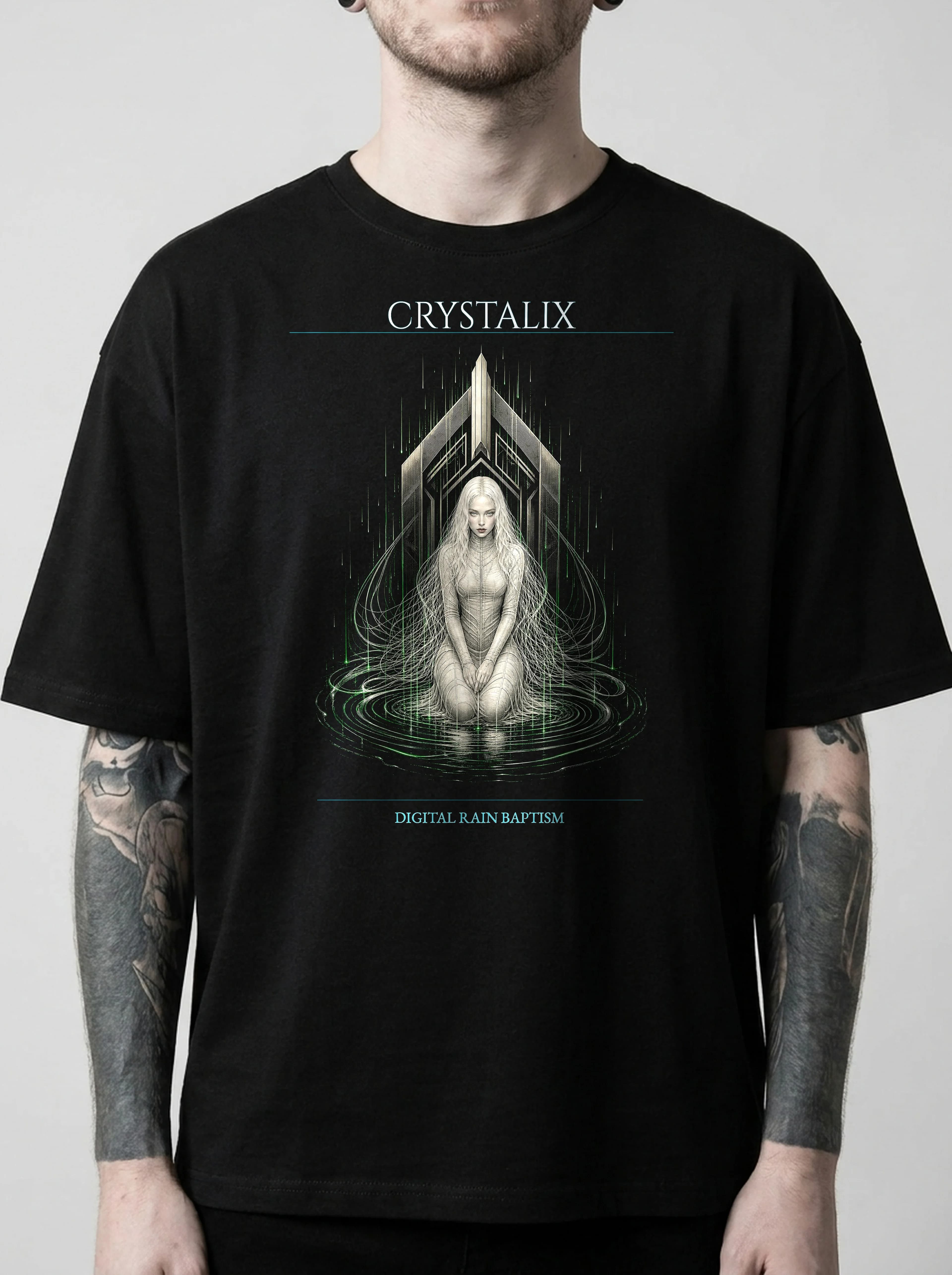 Crystalix T-Shirt: male model, chest detail