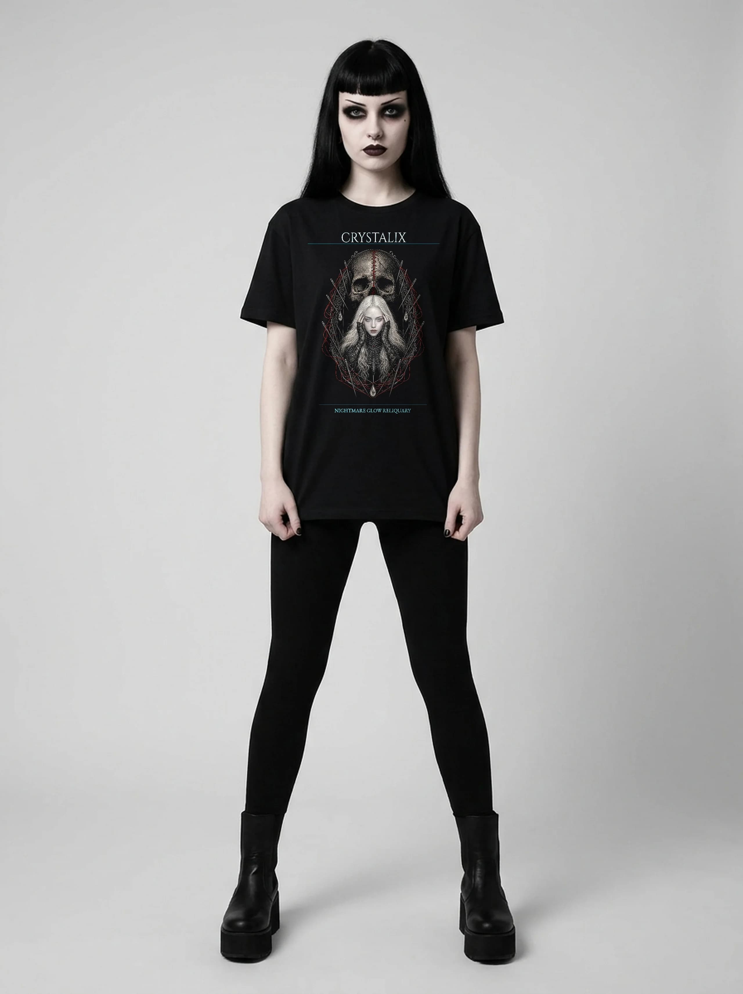 Crystalix T-Shirt: female model, full length