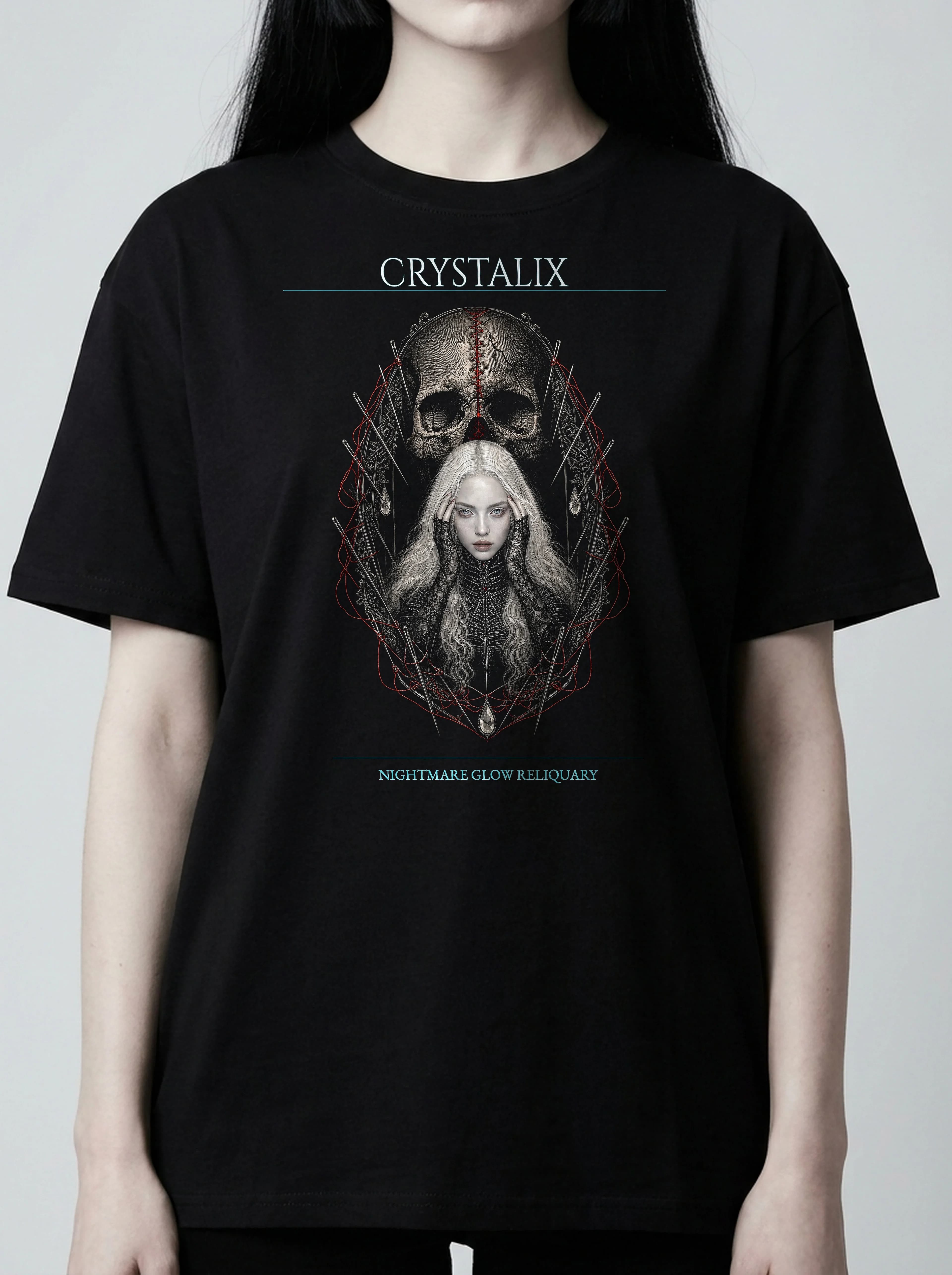 Crystalix T-Shirt: female model, chest detail