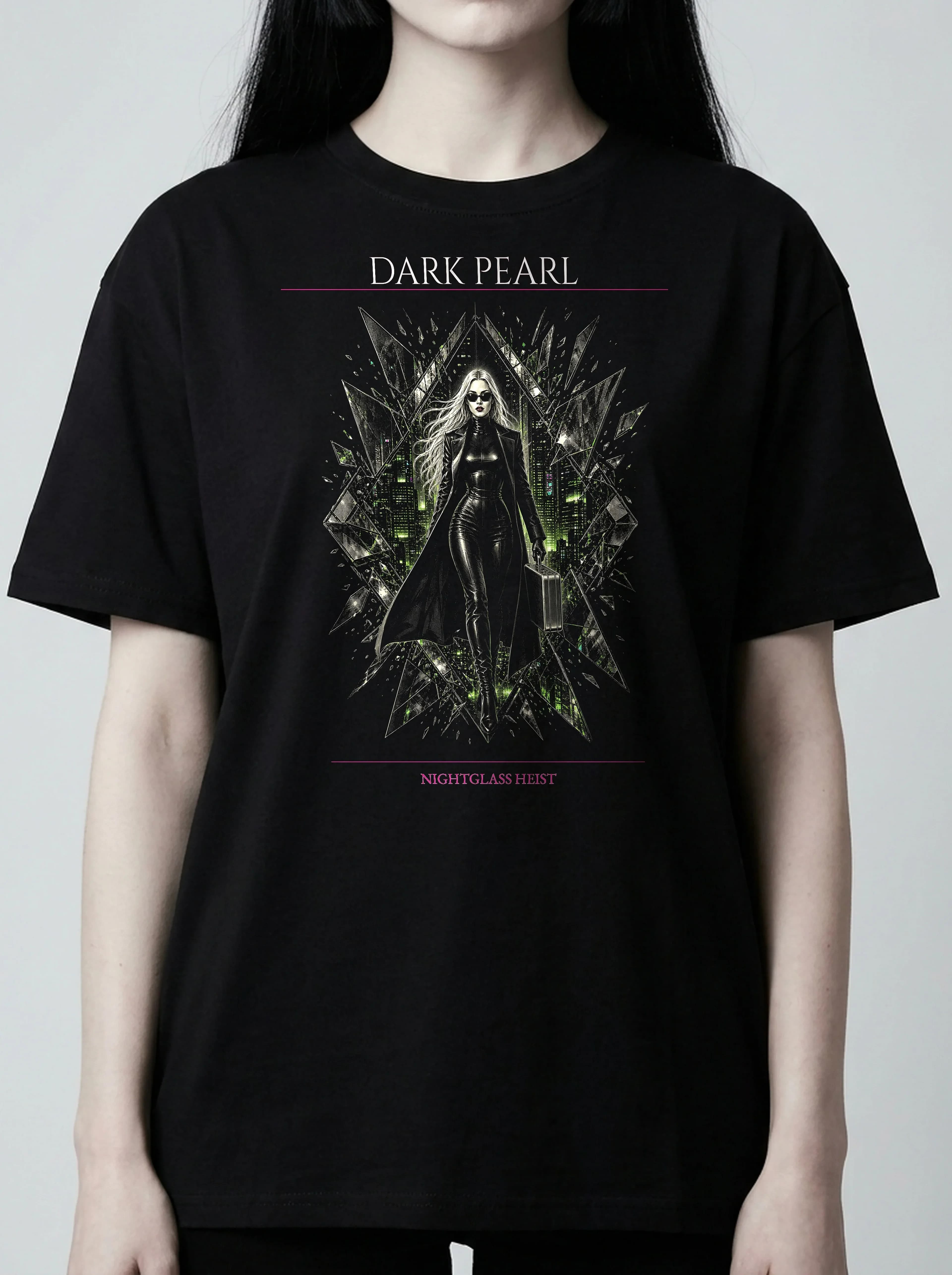 Dark Pearl T-Shirt: female model, chest detail