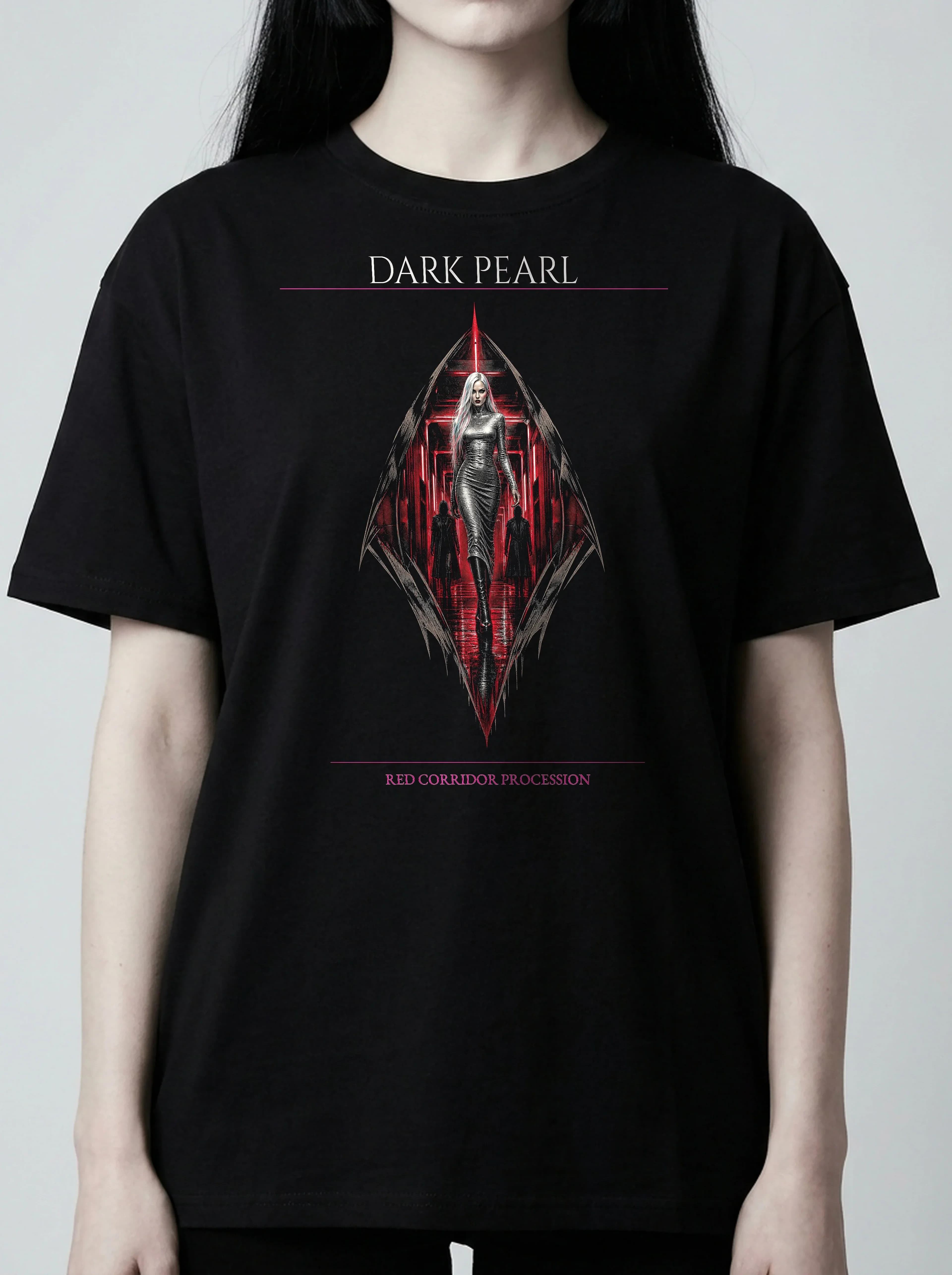Dark Pearl T-Shirt: female model, chest detail