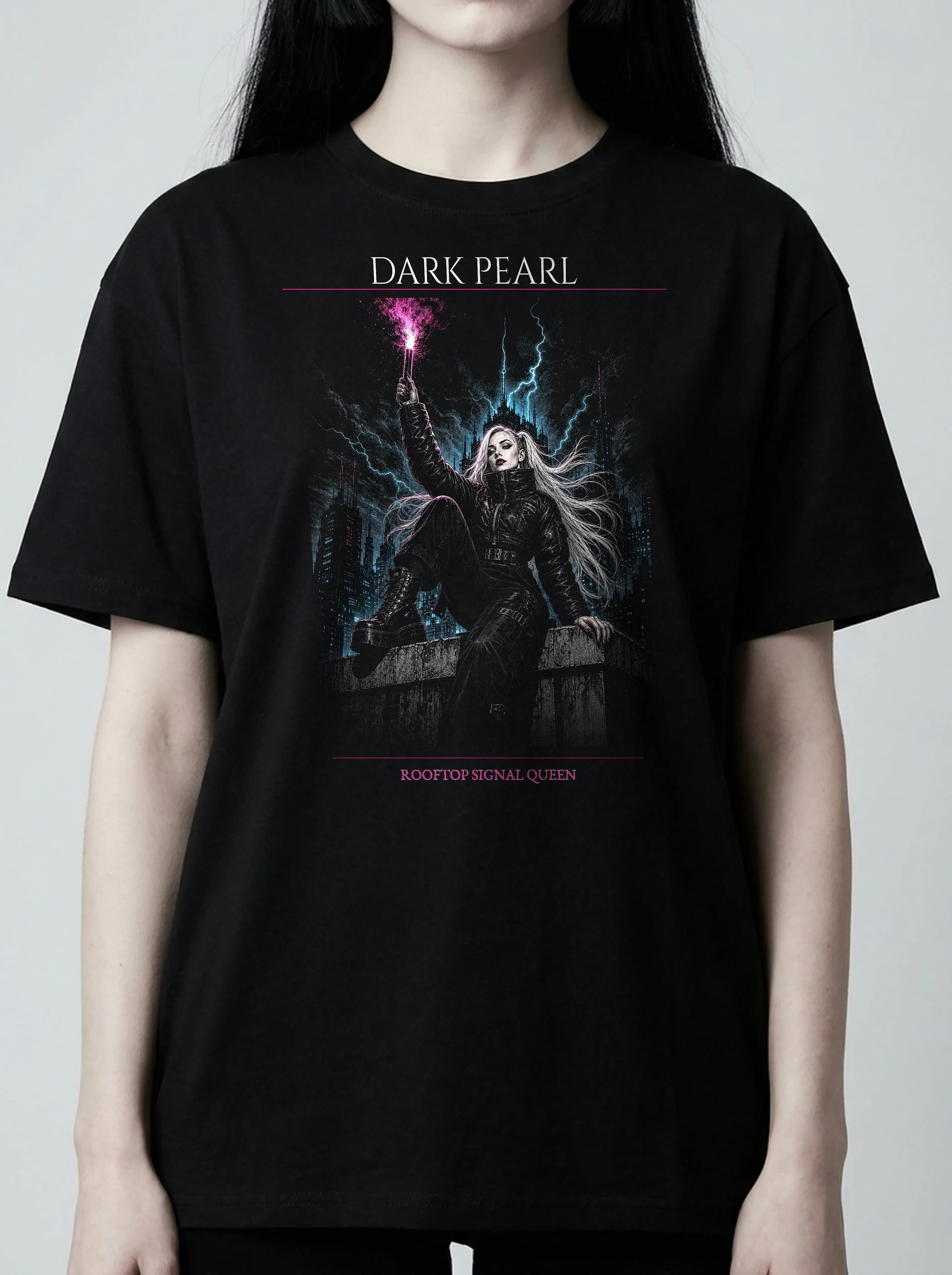 Dark Pearl T-Shirt: female model, chest detail