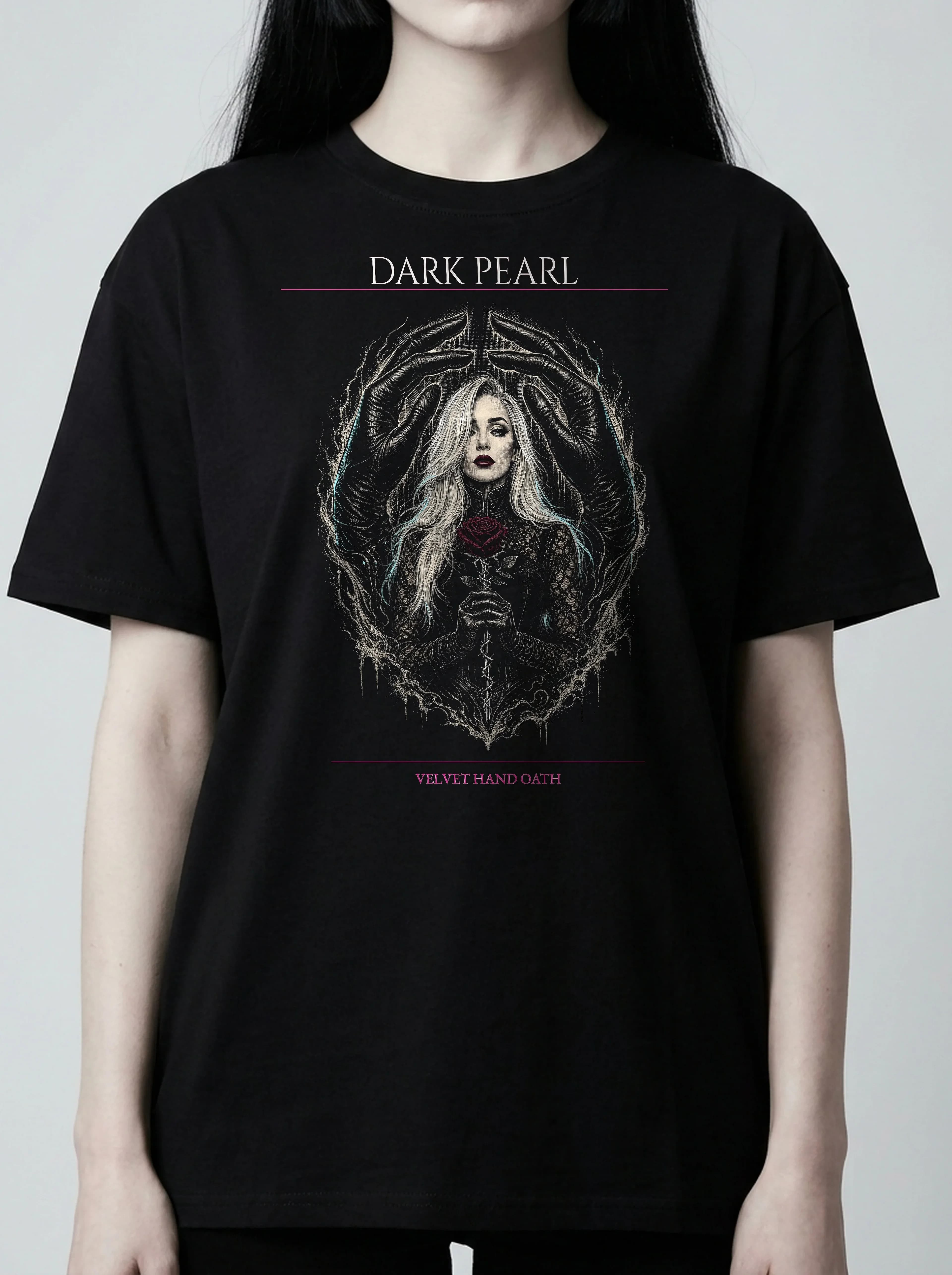 Dark Pearl T-Shirt: female model, chest detail