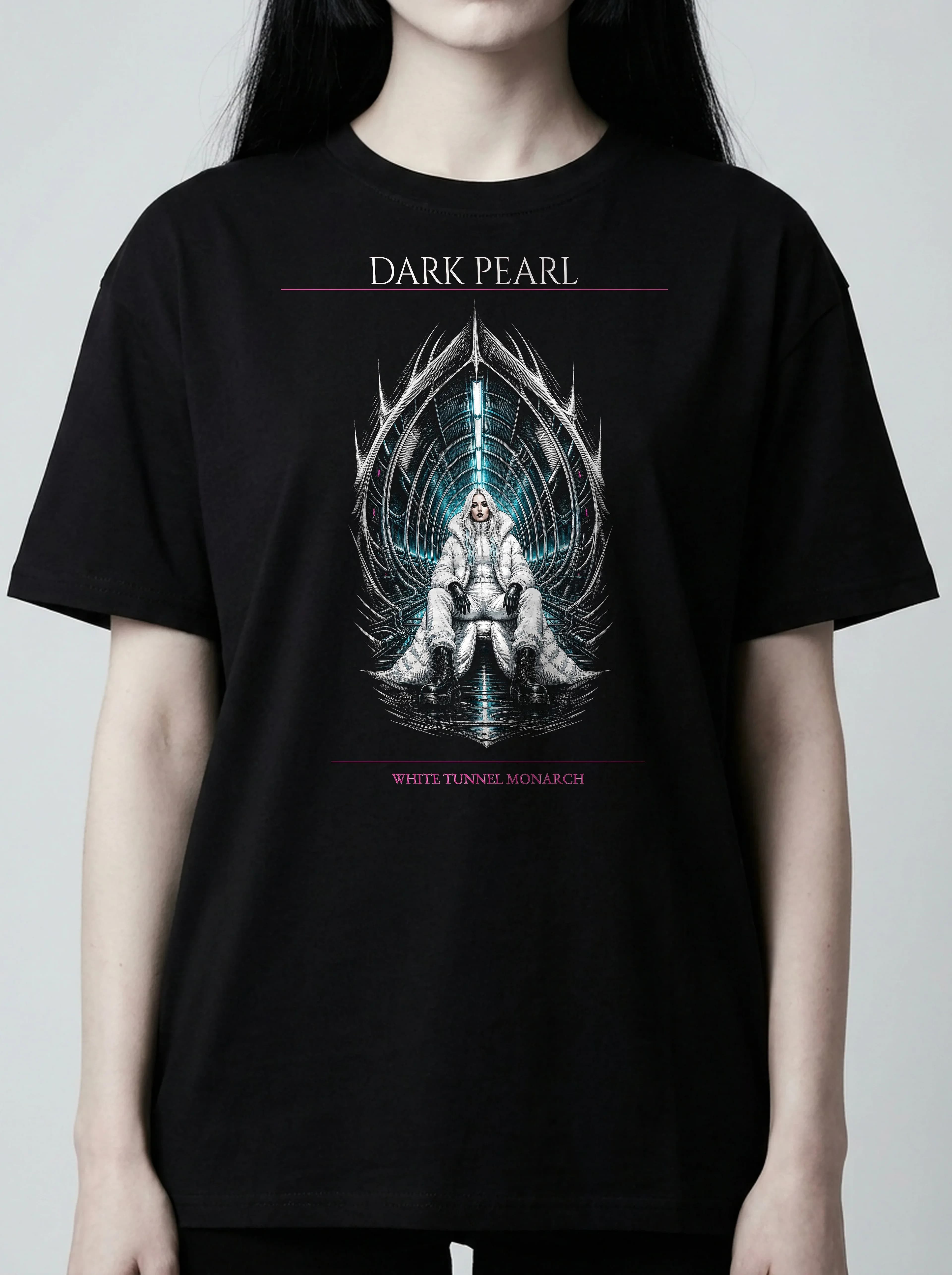 Dark Pearl T-Shirt: female model, chest detail