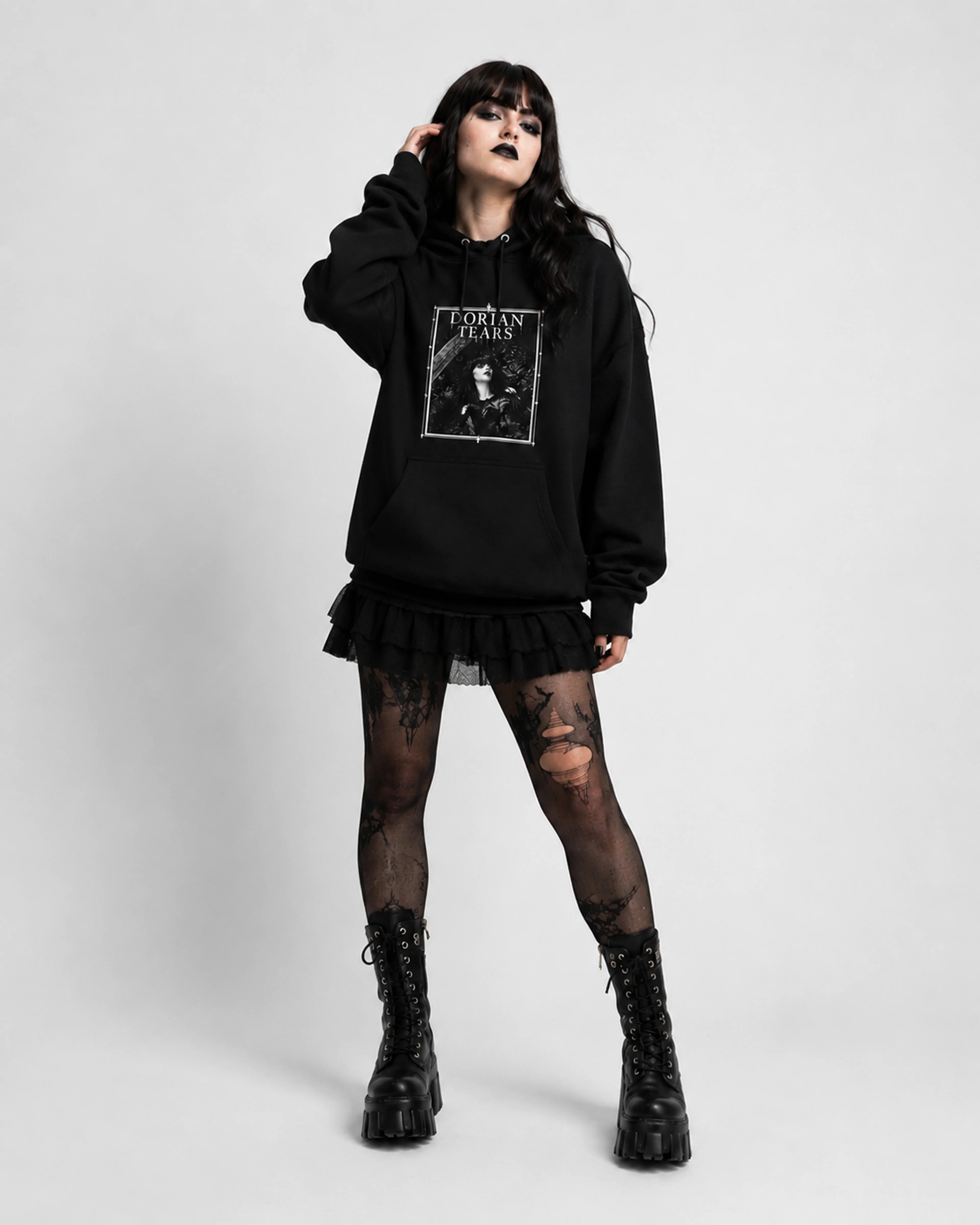 Dorian Tears | Gothic Girl Hoodie: female model, three-quarter view