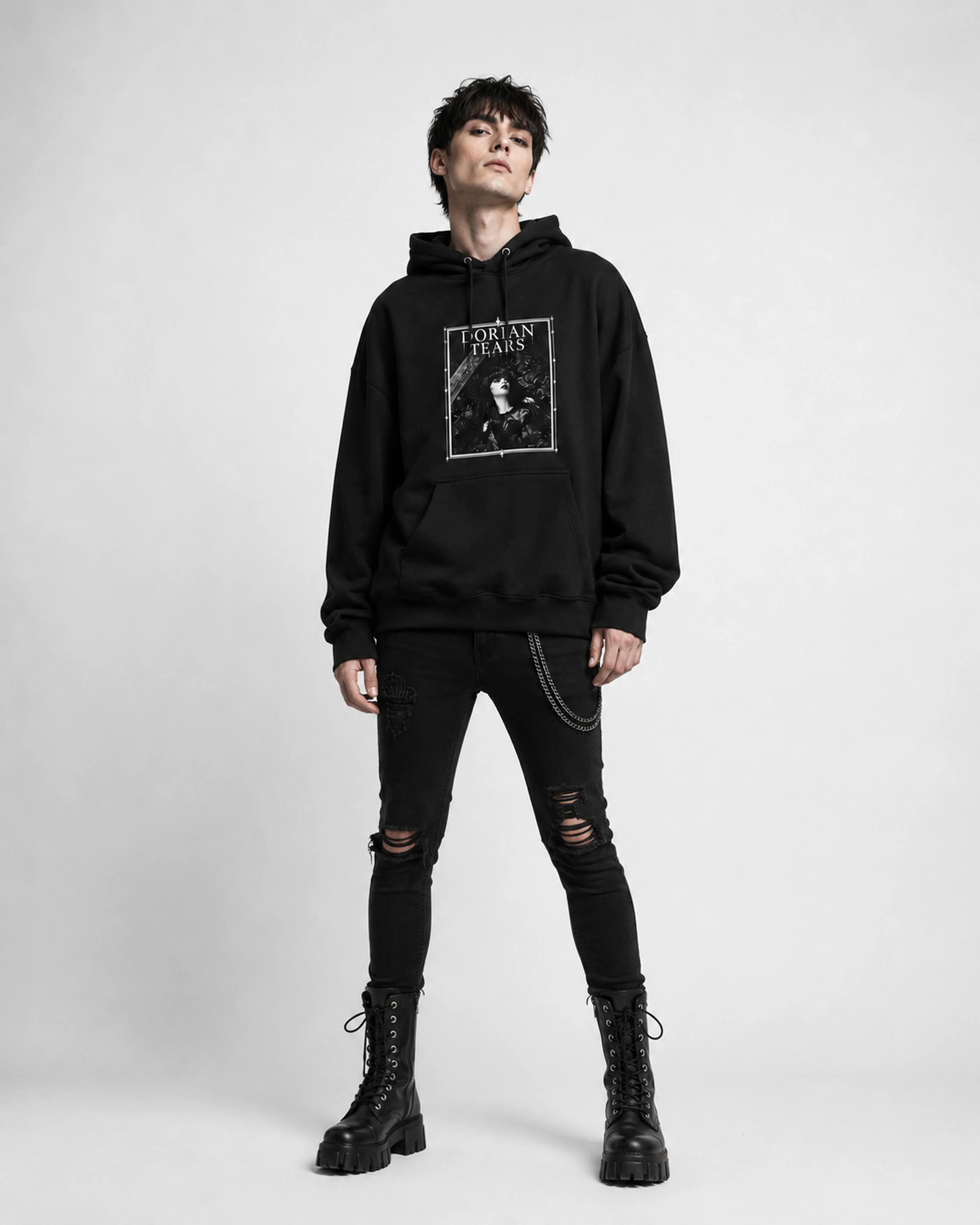 Dorian Tears | Gothic Girl Hoodie: male model, three-quarter view