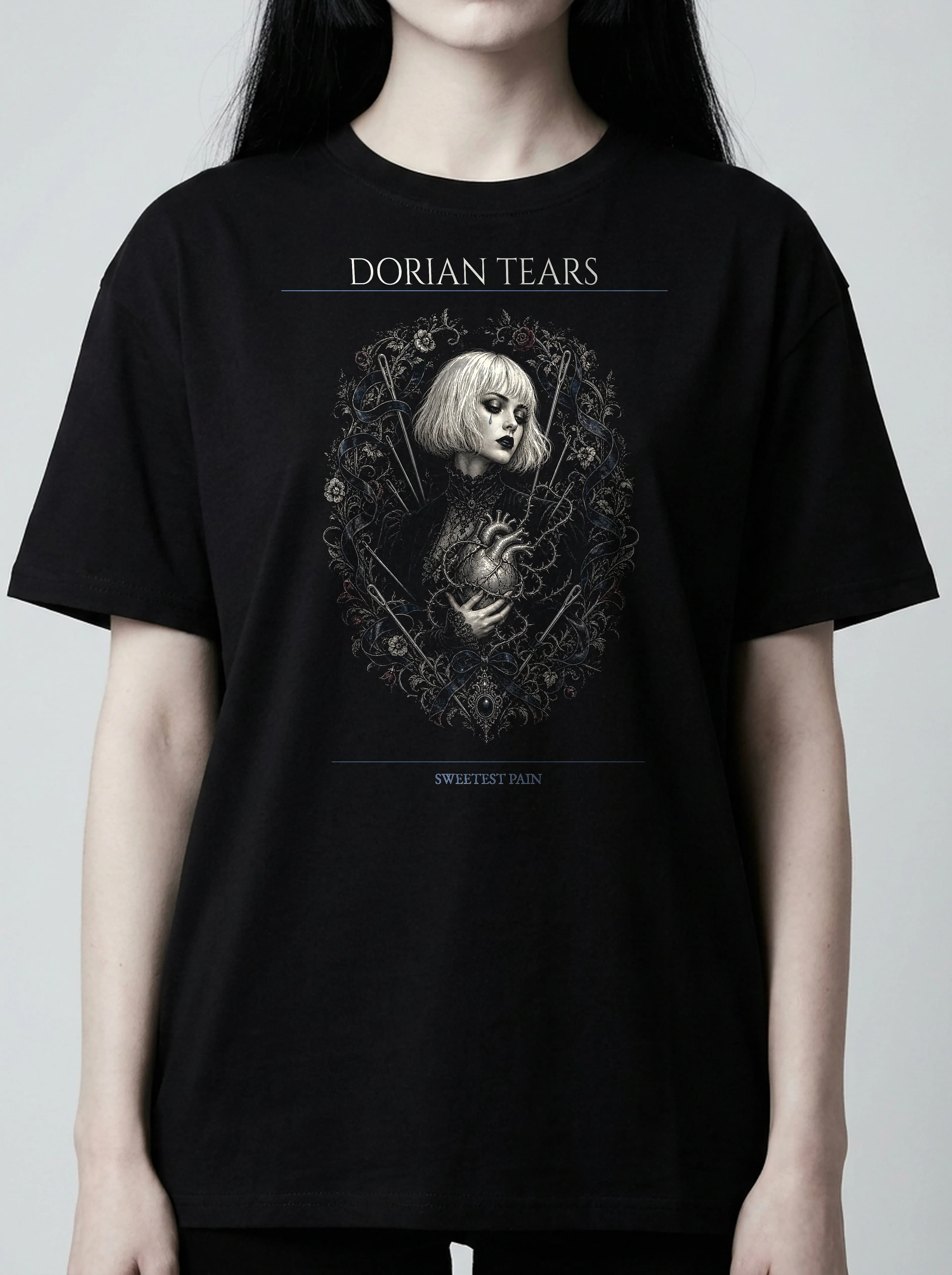 Dorian Tears T-Shirt: female model, chest detail