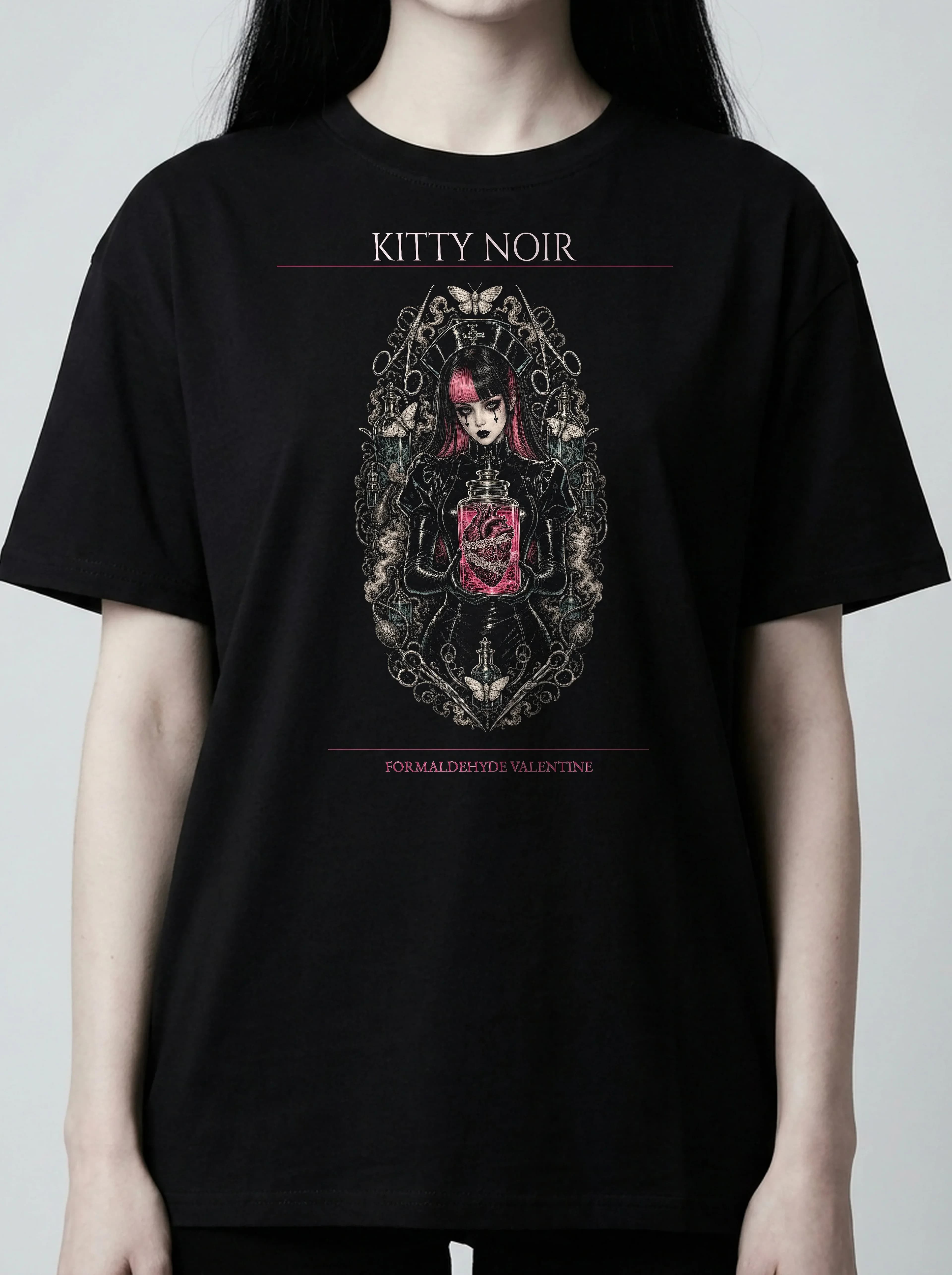 Kitty Noir T-Shirt: female model, chest detail
