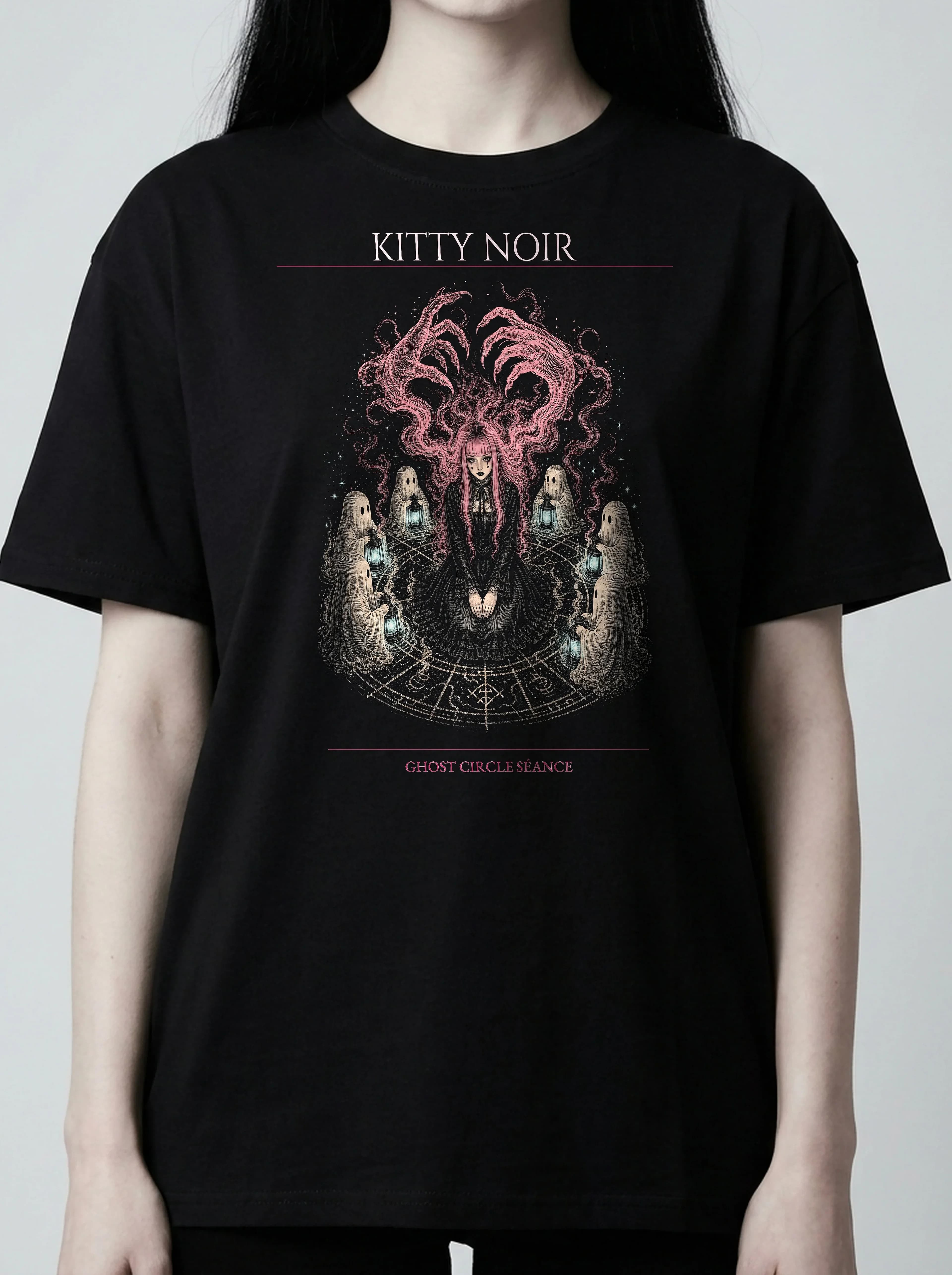 Kitty Noir T-Shirt: female model, chest detail