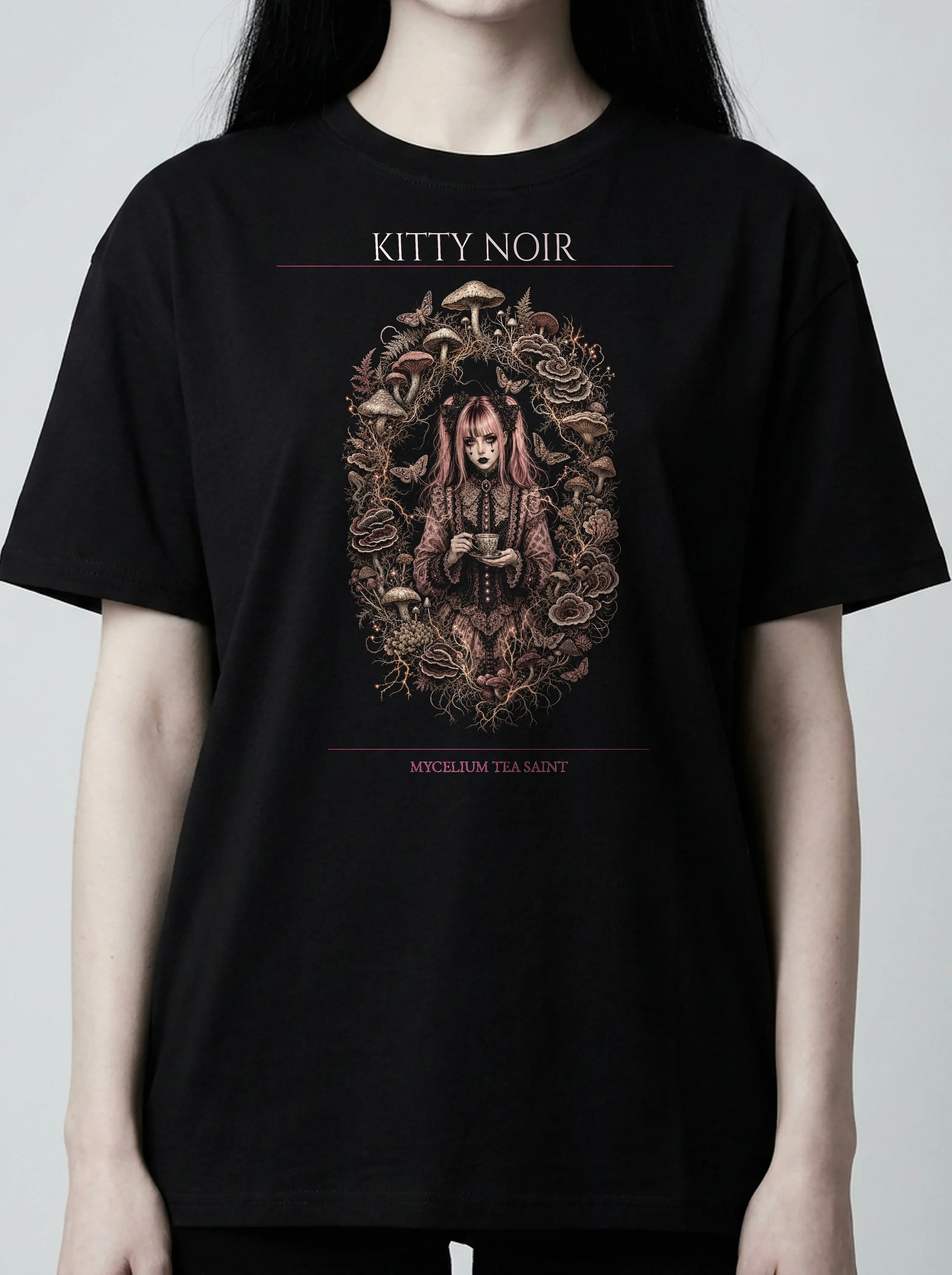 Kitty Noir T-Shirt: female model, chest detail