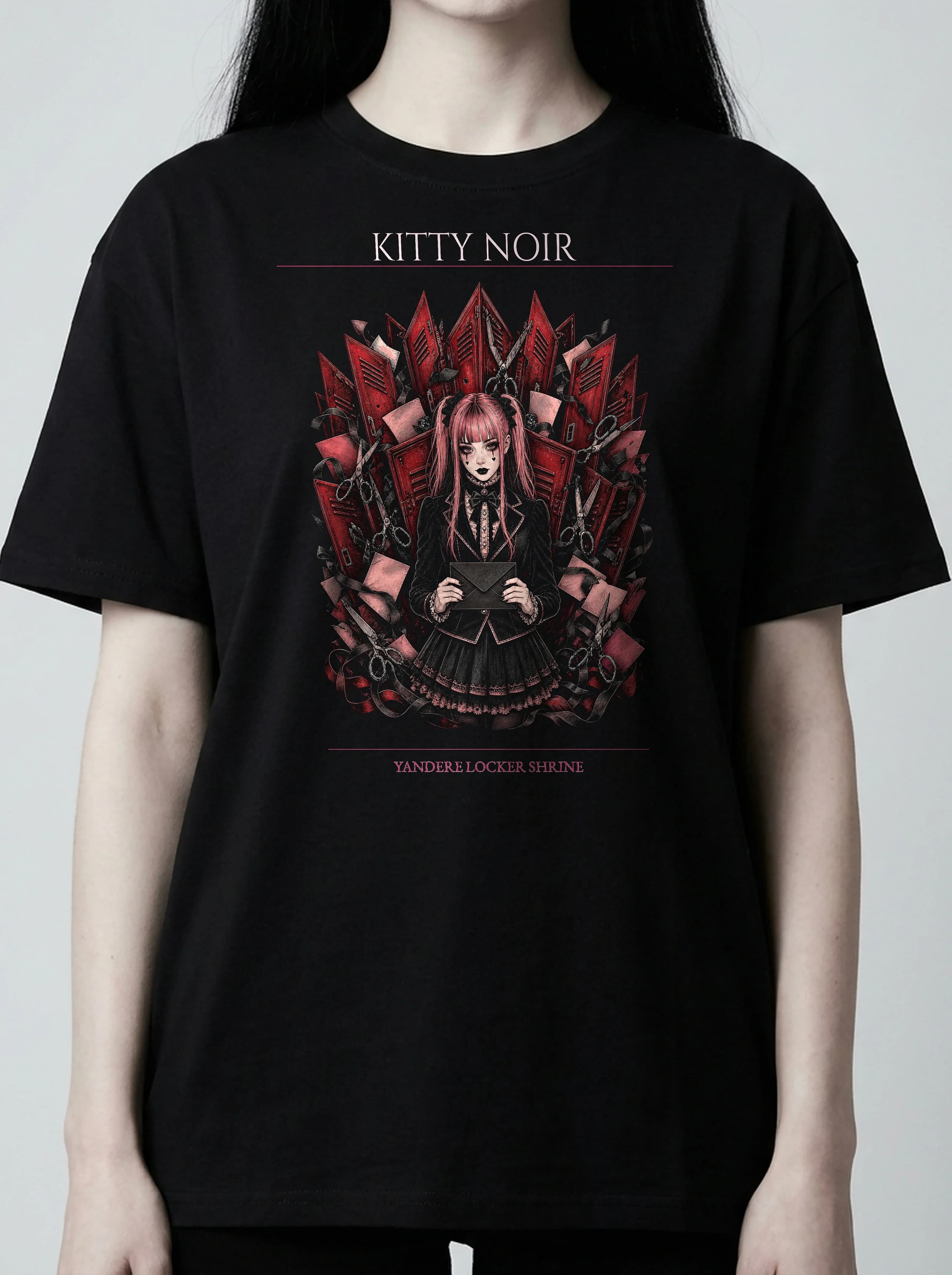 Kitty Noir T-Shirt: female model, chest detail