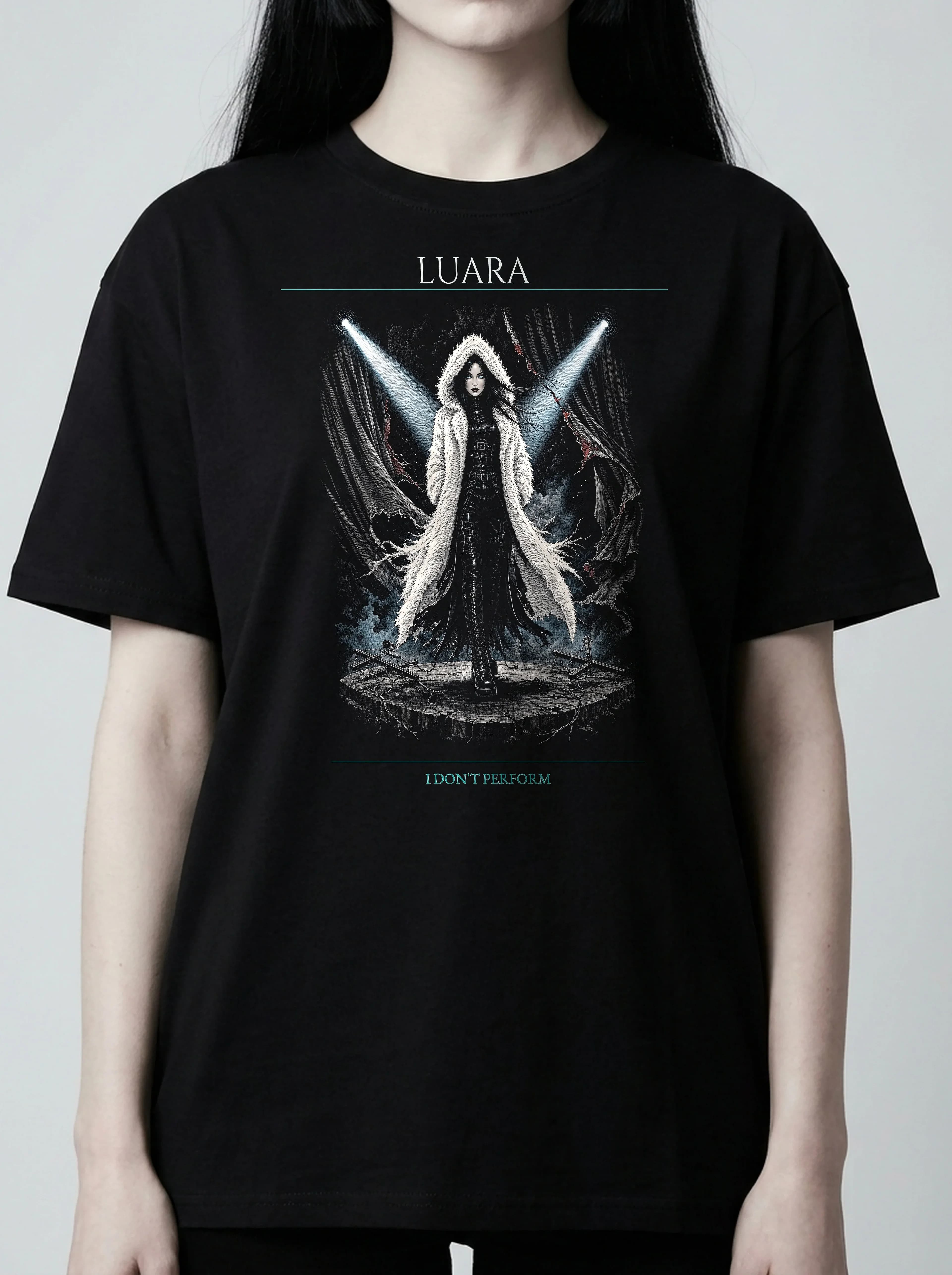 Luara T-Shirt: female model, chest detail
