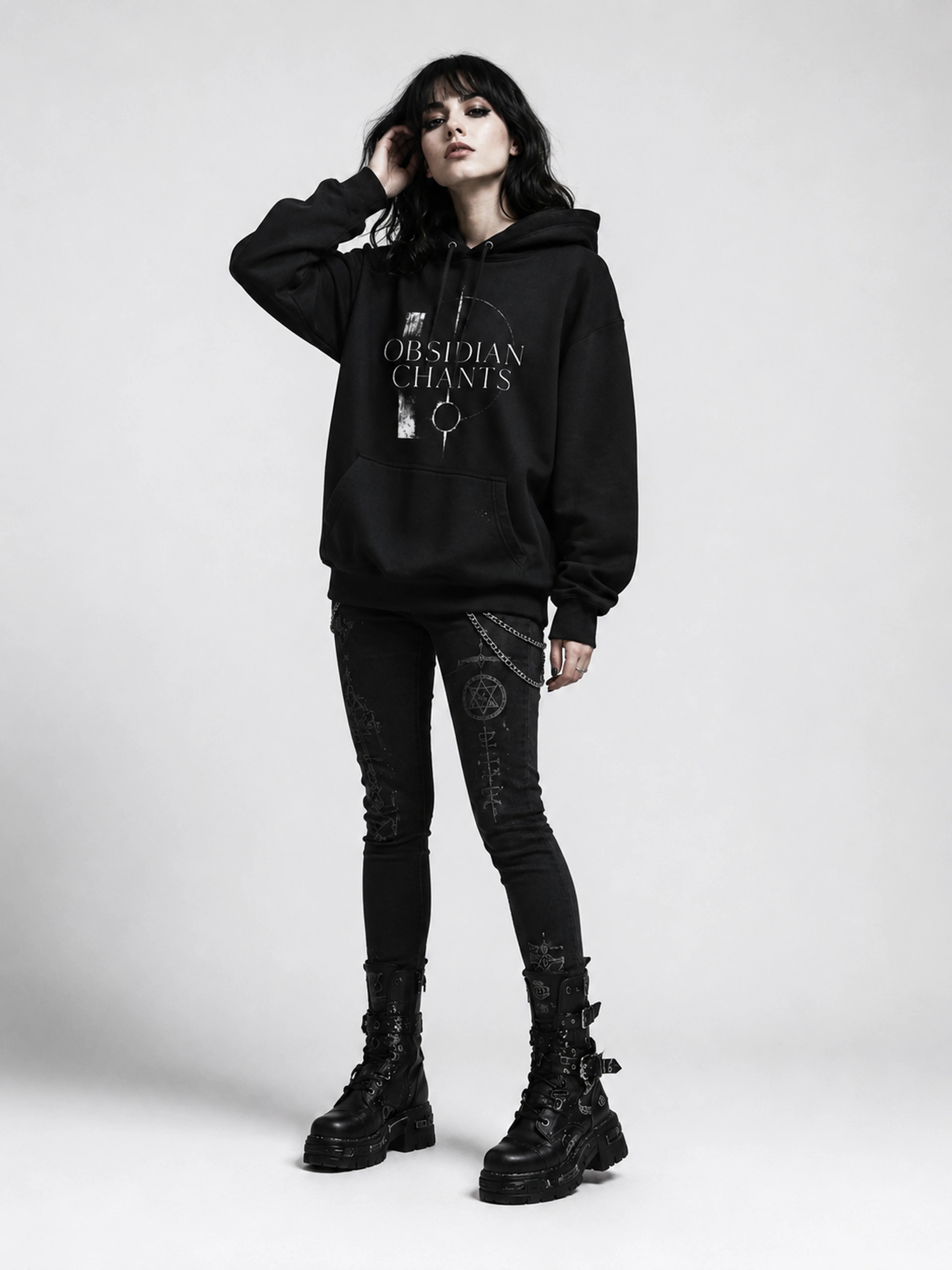 Obsidian Chants | Hoodie: female model, three-quarter view