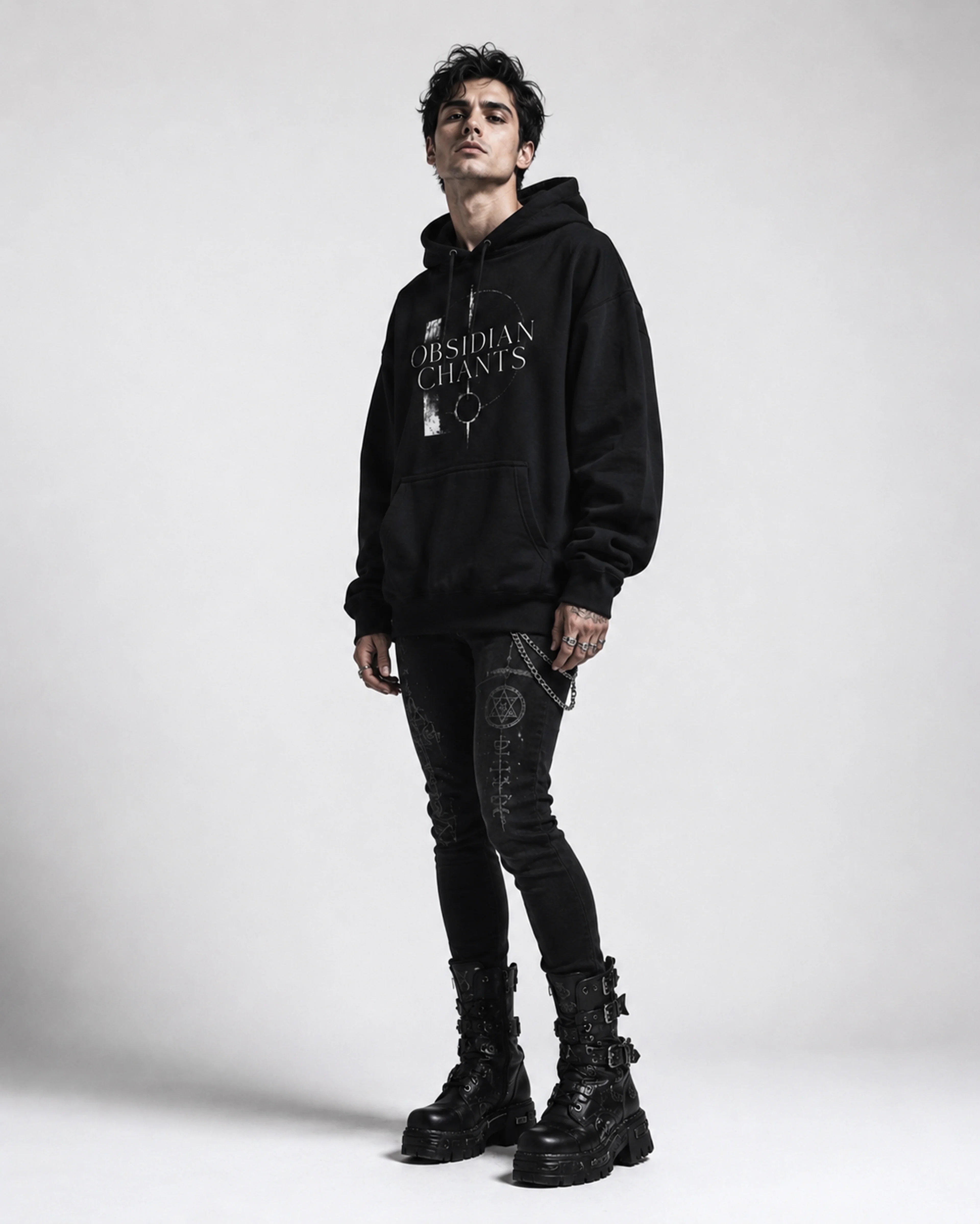 Obsidian Chants | Hoodie: male model, three-quarter view
