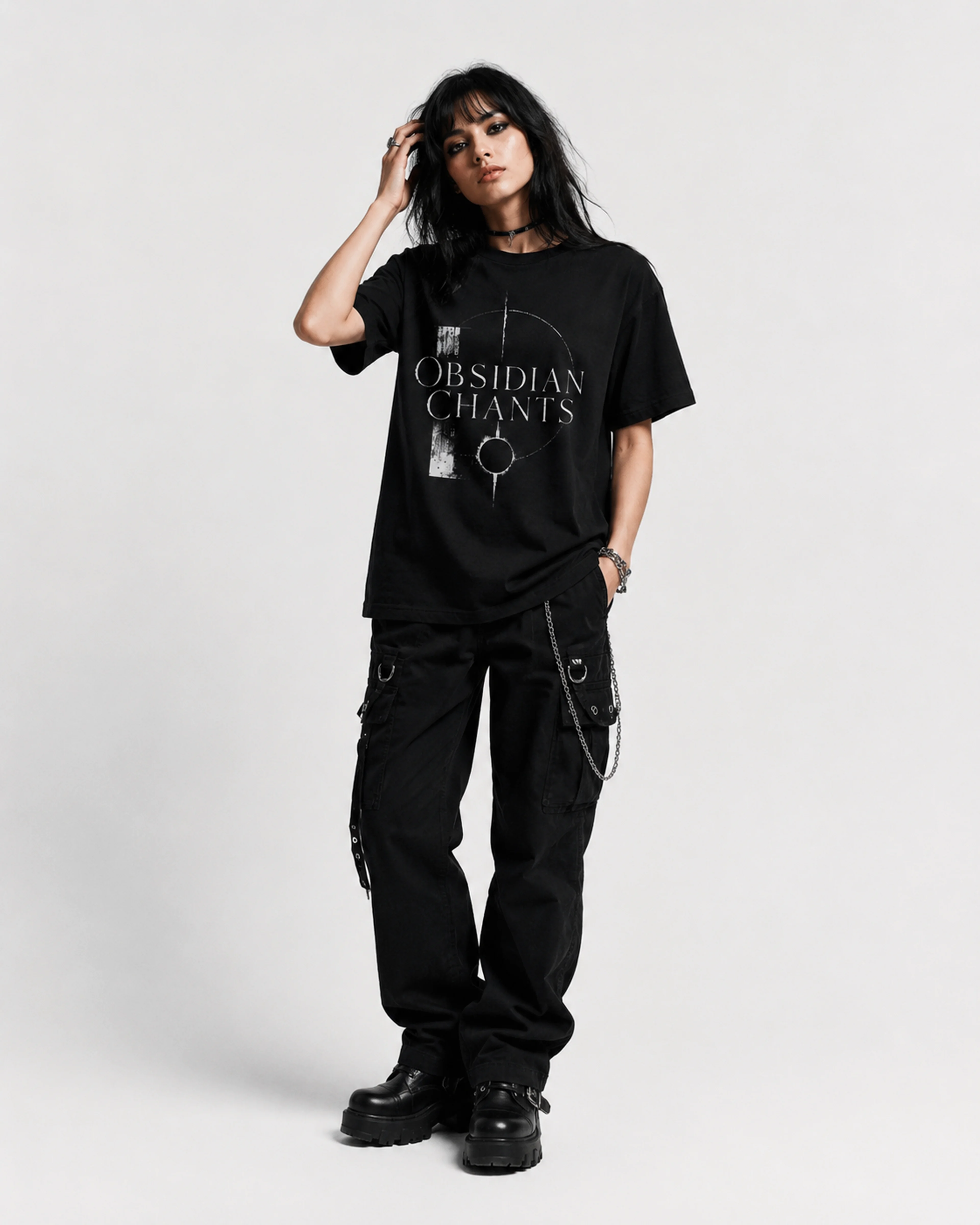 Obsidian Chants | T-Shirt: female model, three-quarter view