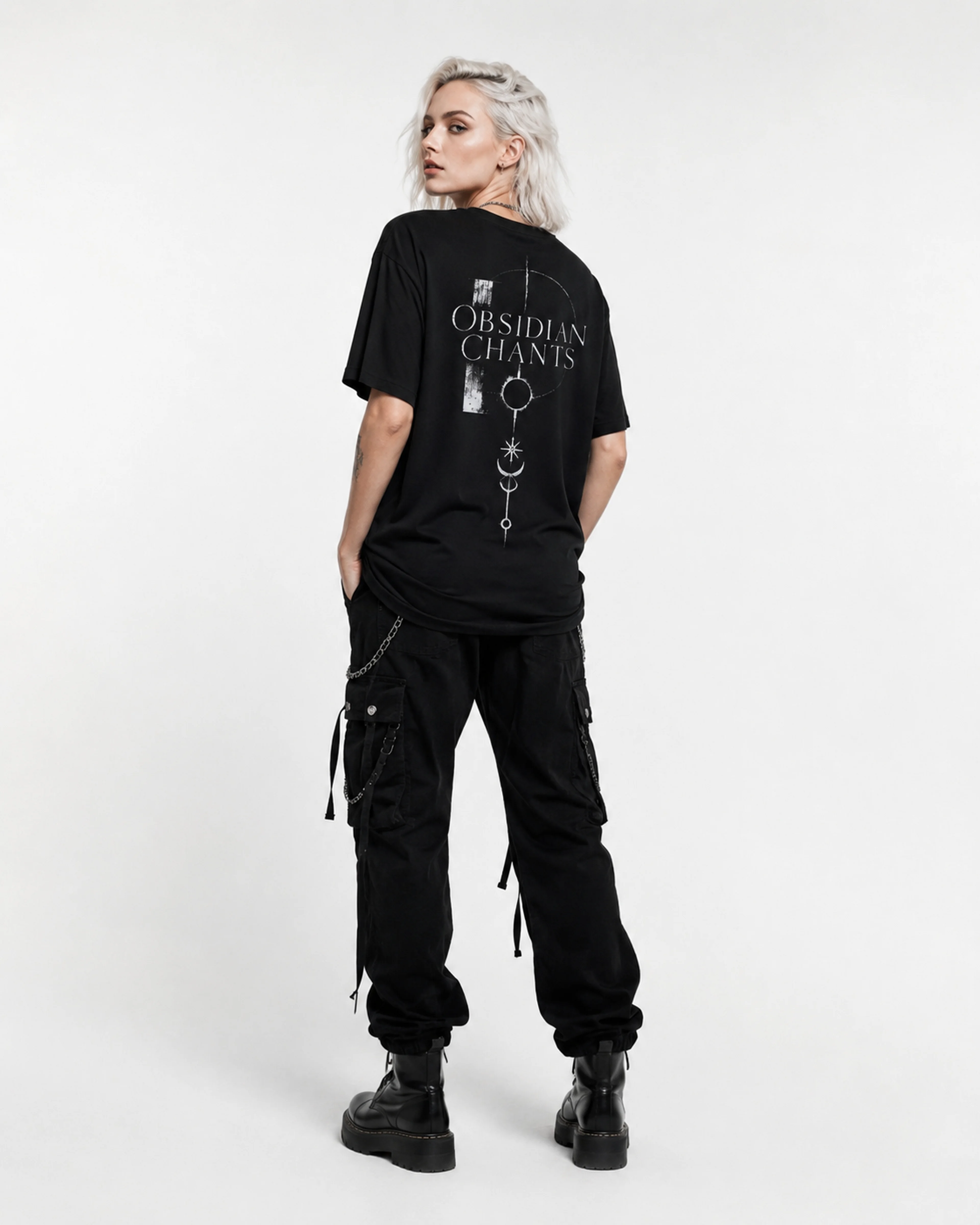 Obsidian Chants | T-Shirt: female model, back view
