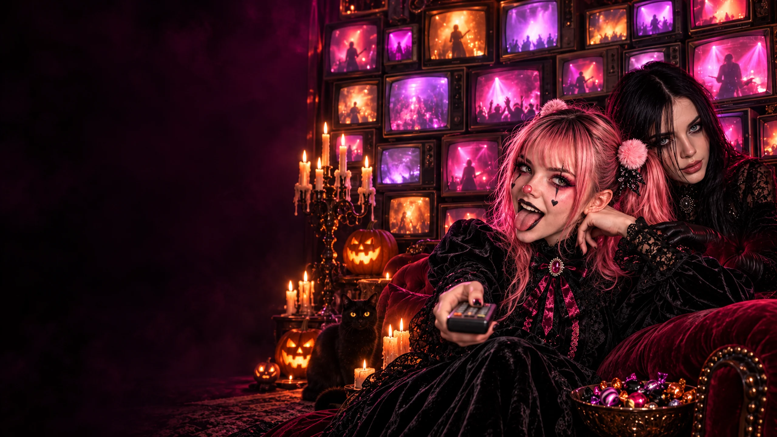 Kitty Noir and Luara hanging out on a velvet sofa in front of a wall of glowing vintage TVs, jack-o-lanterns and candles