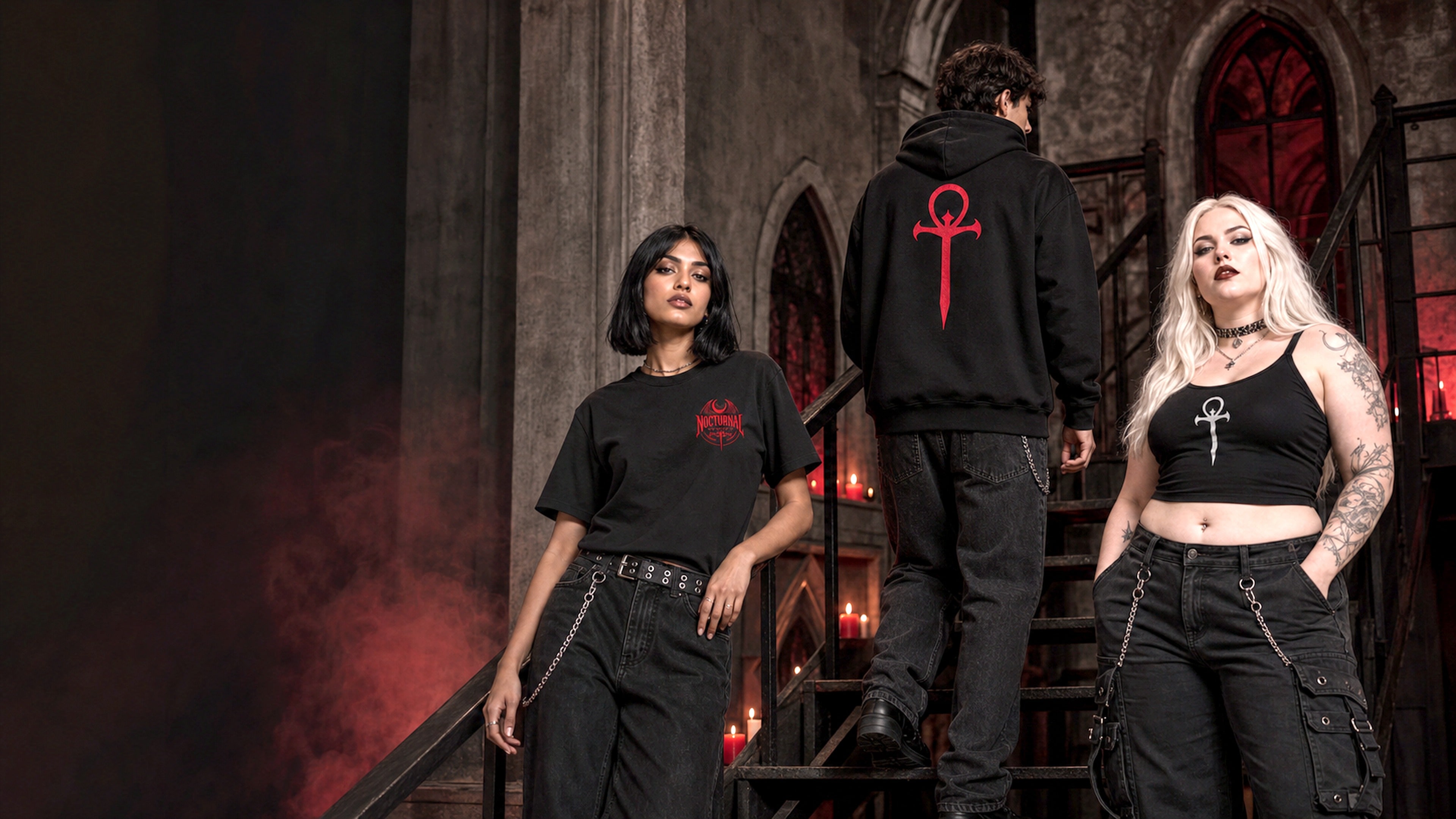 Nocturnal Records editorial — two female models and one male model wearing NR apparel in a well-lit gothic chapel scene