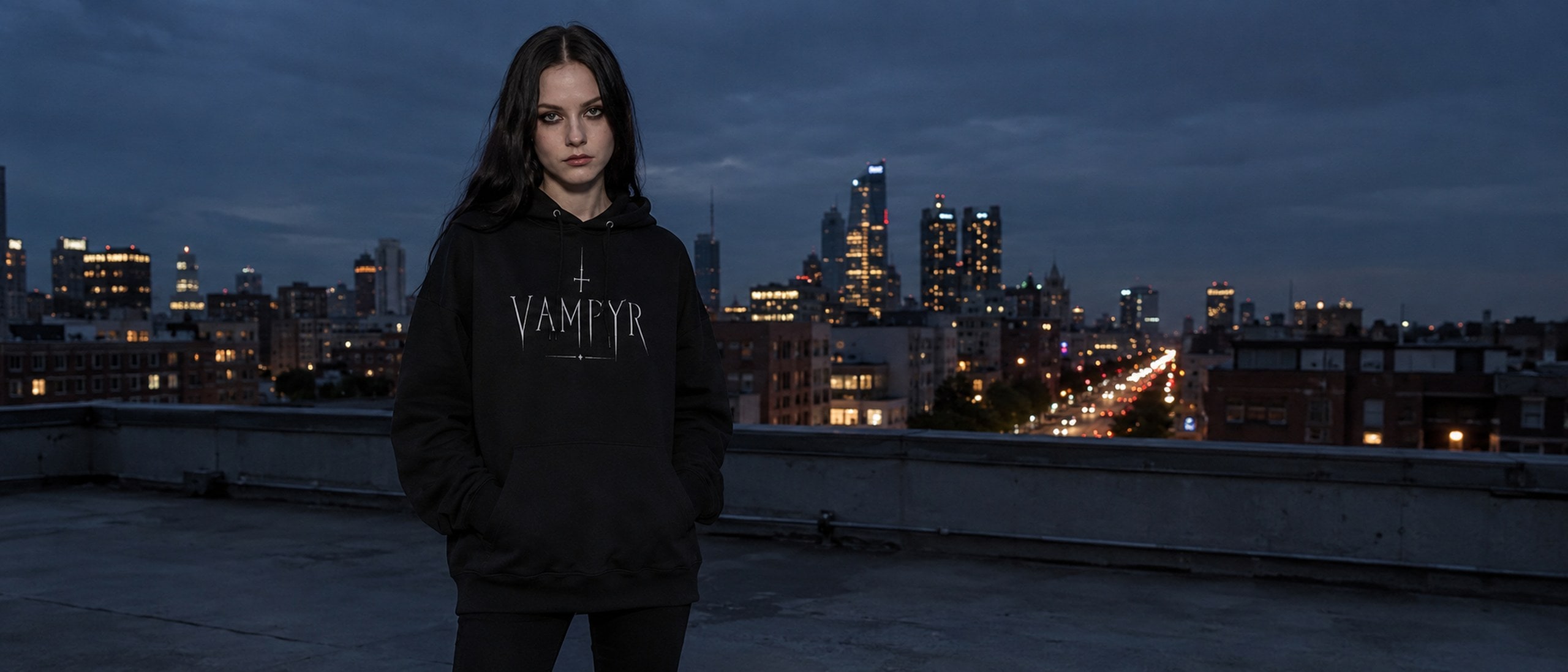 Nocturnal Records editorial — two goth models in NR hoodies against a plum-violet studio backdrop