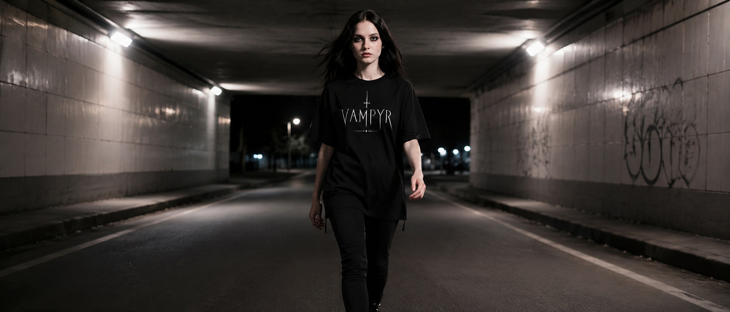 Nocturnal Records editorial — goth model in an NR hoodie beneath a full moon in a fog-lit celestial studio scene